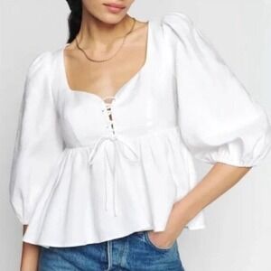 Reformation Abigail White 100% Linen Puff Sleeve Prairie Blouse Top Size 10